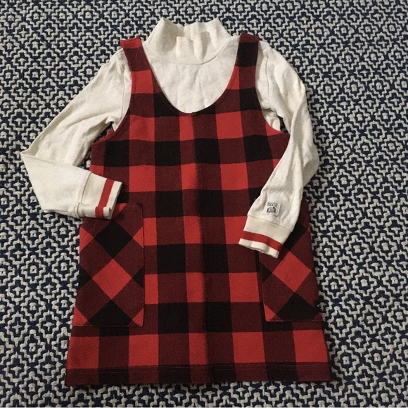 Roots Girls Cabin Red Check plaid dress jumper & cream mock neck top - Picture 1 of 4